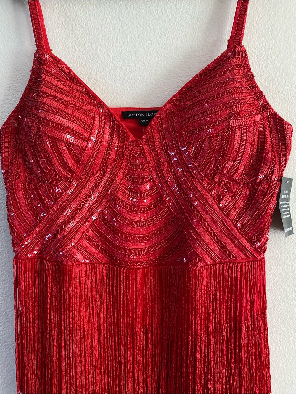 Boston Proper Red Sequin Fringe Strapless Evening Dress